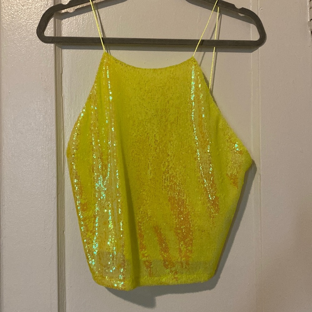 Zara Neon Yellow Sequined Top with Skinny Spaghetti Straps, M